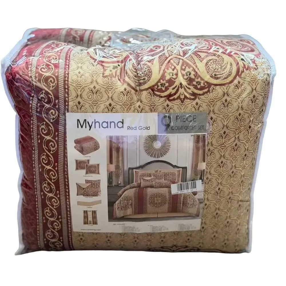 NEW! Nanshing Myhand/Prince 9PC Elegant Medallion Comforter Set Red Gold King